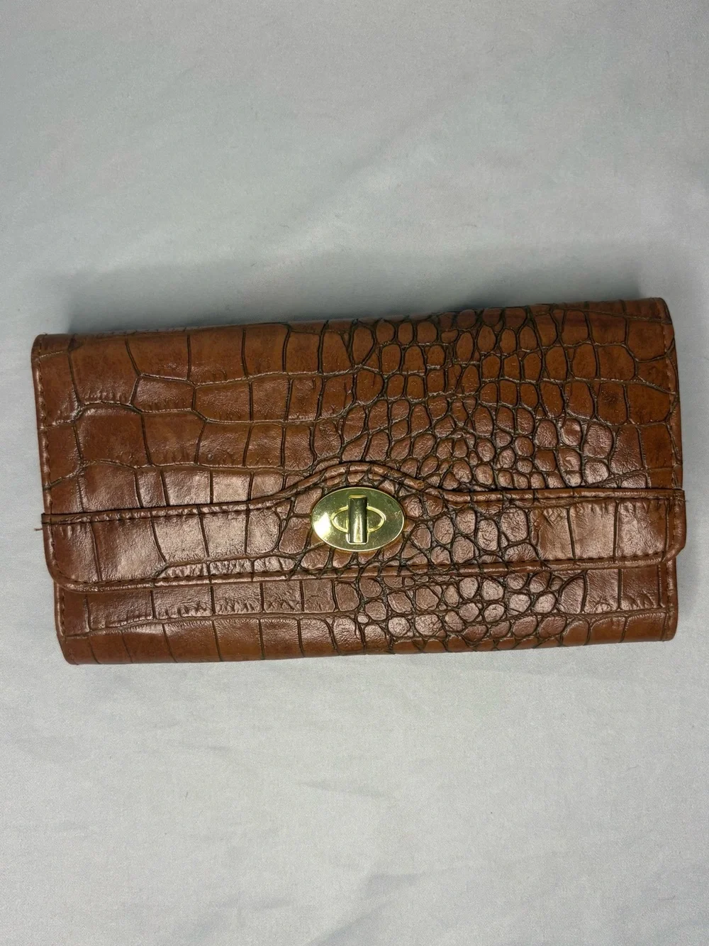Brown Croc-Embossed Leather Wallet with Turn-Lock Closure